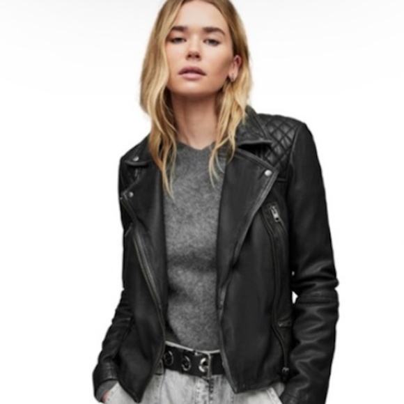 bestselling all saints cargo distressed moto leather jacket - black, size S (US4 - Picture 2 of 9
